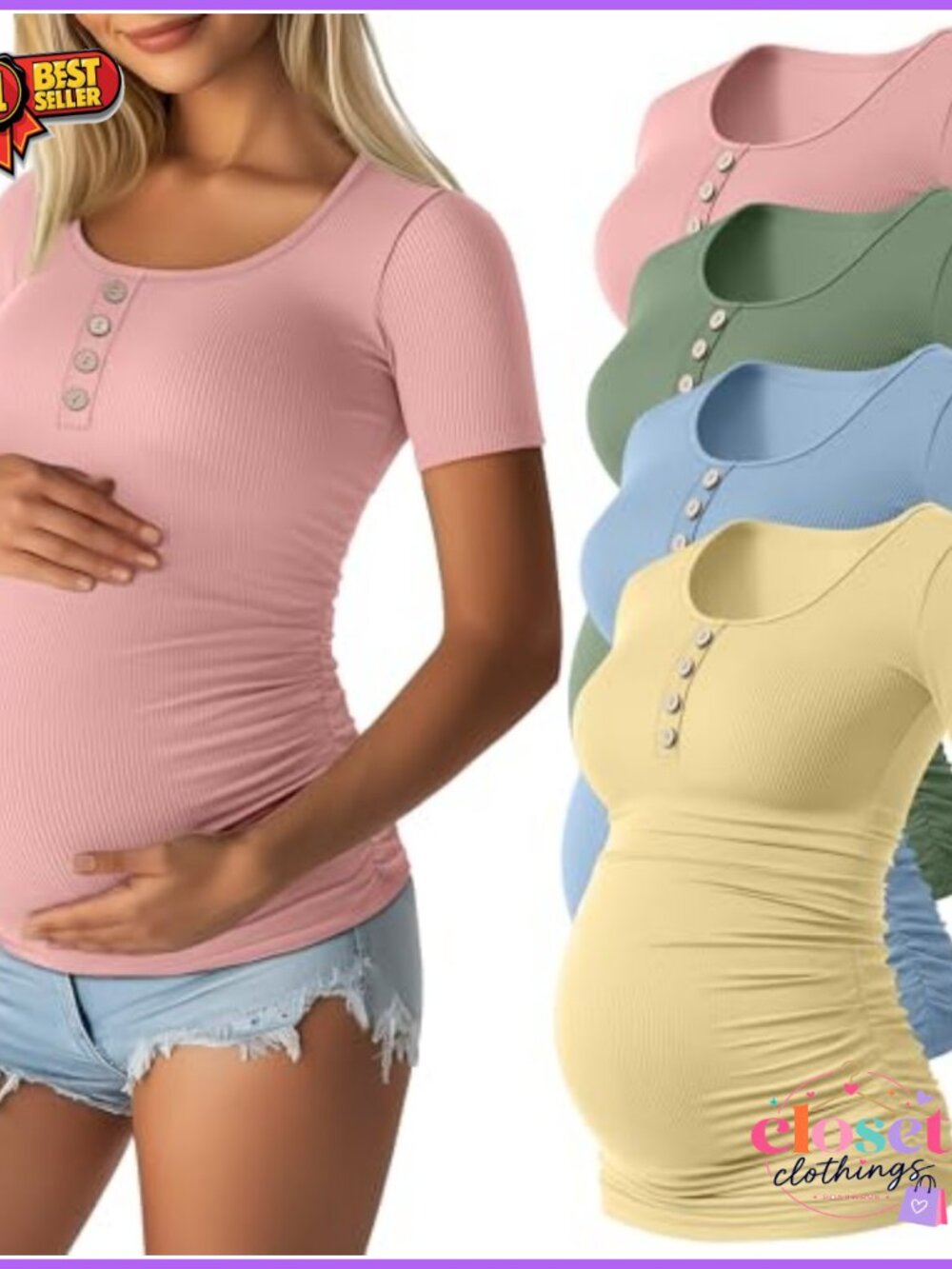 4 Pack Maternity T-Shirts Cotton Spandex Ribbed Henley Side Ruching